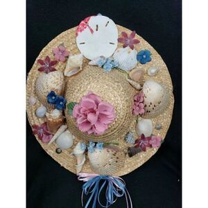 Vintage 14" Handmade Straw Hat Flowers Seashells Decor Grandma Cottagecore Beach